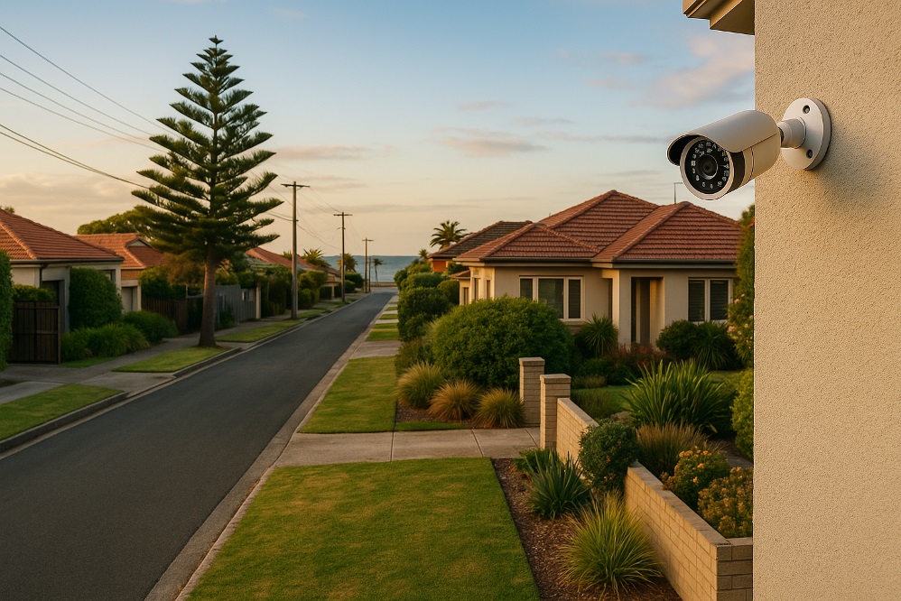 Home CCTV Camera Installation Melbourne – Sipko Security - SIPKO Security White bullet CCTV camera mounted on a rendered house wall overlooking a quiet Australian coastal suburban street at sunset