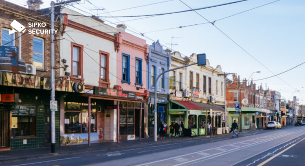 Commercial Security Systems for Melbourne Retail Businesses and Storefronts - SIPKO Security Row of retail shopfronts on a Melbourne street