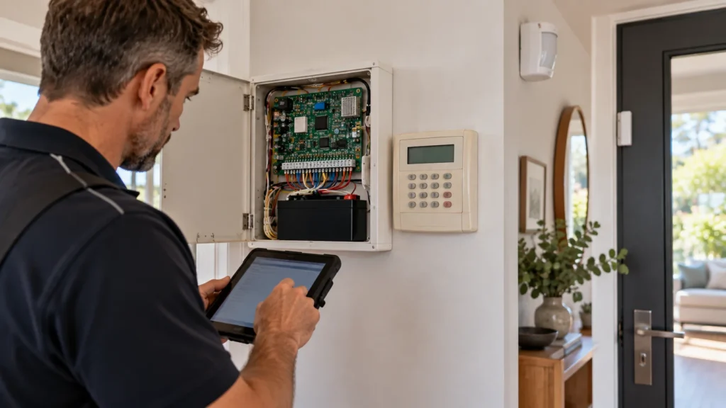 Technician assessing an existing home alarm system in Melbourne - SIPKO Security Technician assessing an existing home alarm system in Melbourne
