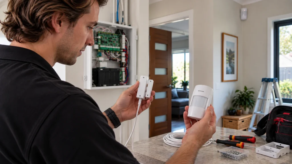 Technician comparing wired and wireless alarm sensors during a home security installation