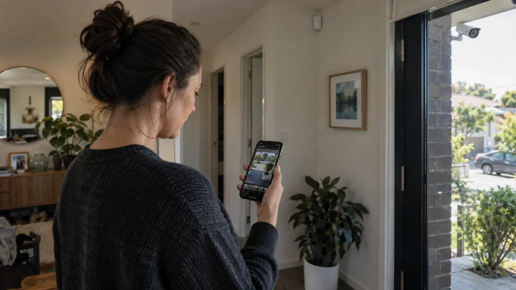 Homeowner checking a CCTV camera feed after a home security alert - SIPKO Security Homeowner checking a CCTV camera feed after a home security alert