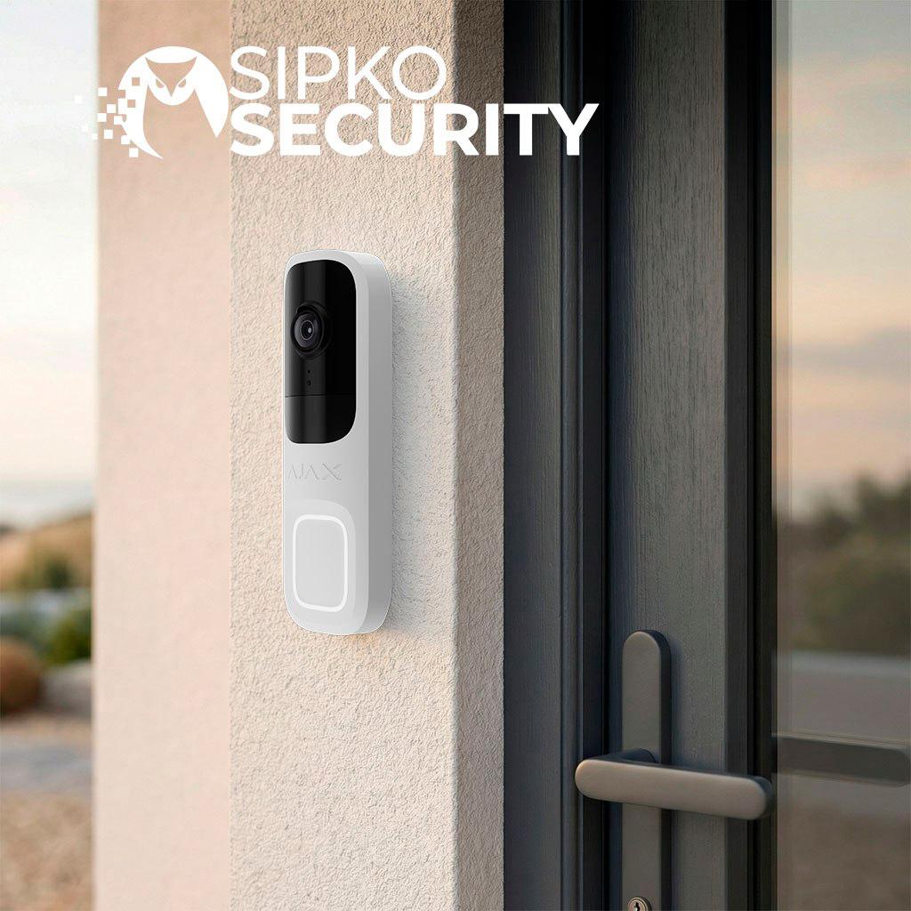 Ajax Wireless Video Doorbell Installation - Security System Installation in Melbourne White Ajax wireless video doorbell camera mounted on exterior door frame with Sipko Security branding