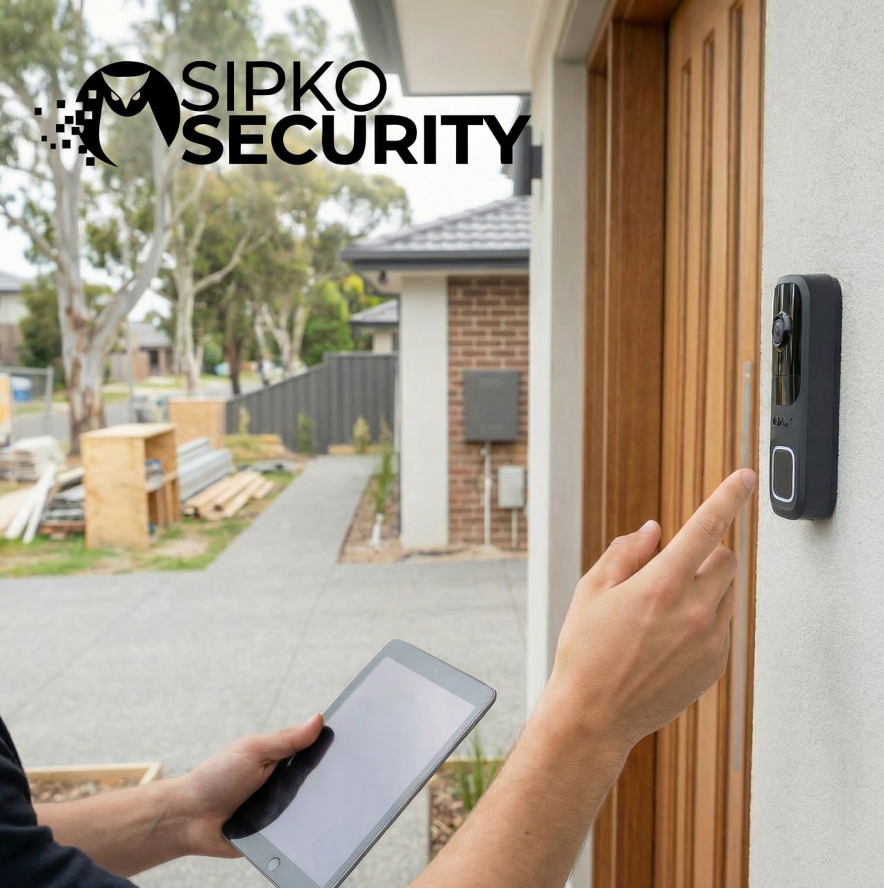 Ajax video doorbell view capturing a visitor and parcel drop zone at a new home entry.