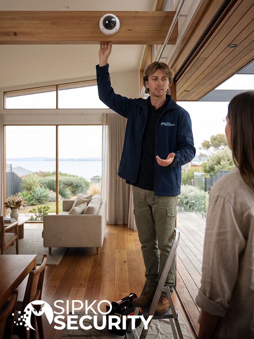 Security technician and CCTV image representing Mount Eliza repair inspection and recorder diagnostics