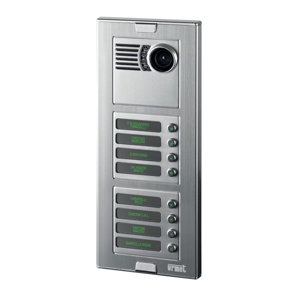 Urmet Sinthesi stainless steel video door station with camera, speaker grille and resident call buttons