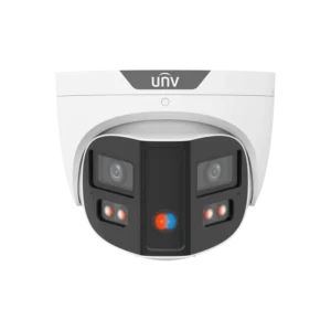 UNV white dome security camera with dual wide-angle lenses, integrated red and blue LED lights, and multi-directional illumination on black background.