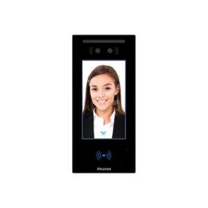 Akuvox facial recognition video intercom displaying woman's face with facial detection markers and call icon on touchscreen