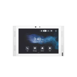 Akuvox indoor intercom monitor with white frame displaying lock screen showing time 3:40 AM, date 2022.06.13 - Wed, and four control buttons for Call, Message, Monitor, and DND functions with blue abstract background.