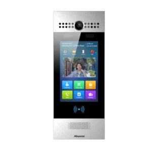 Akuvox indoor intercom monitor with dual-lens camera at top, displaying live visitor video feed, location information, language options, and colorful control buttons for Delivery, Temp Key, Parcel, Call, Contacts, and Leasing functions, with wireless signal icon at bottom.