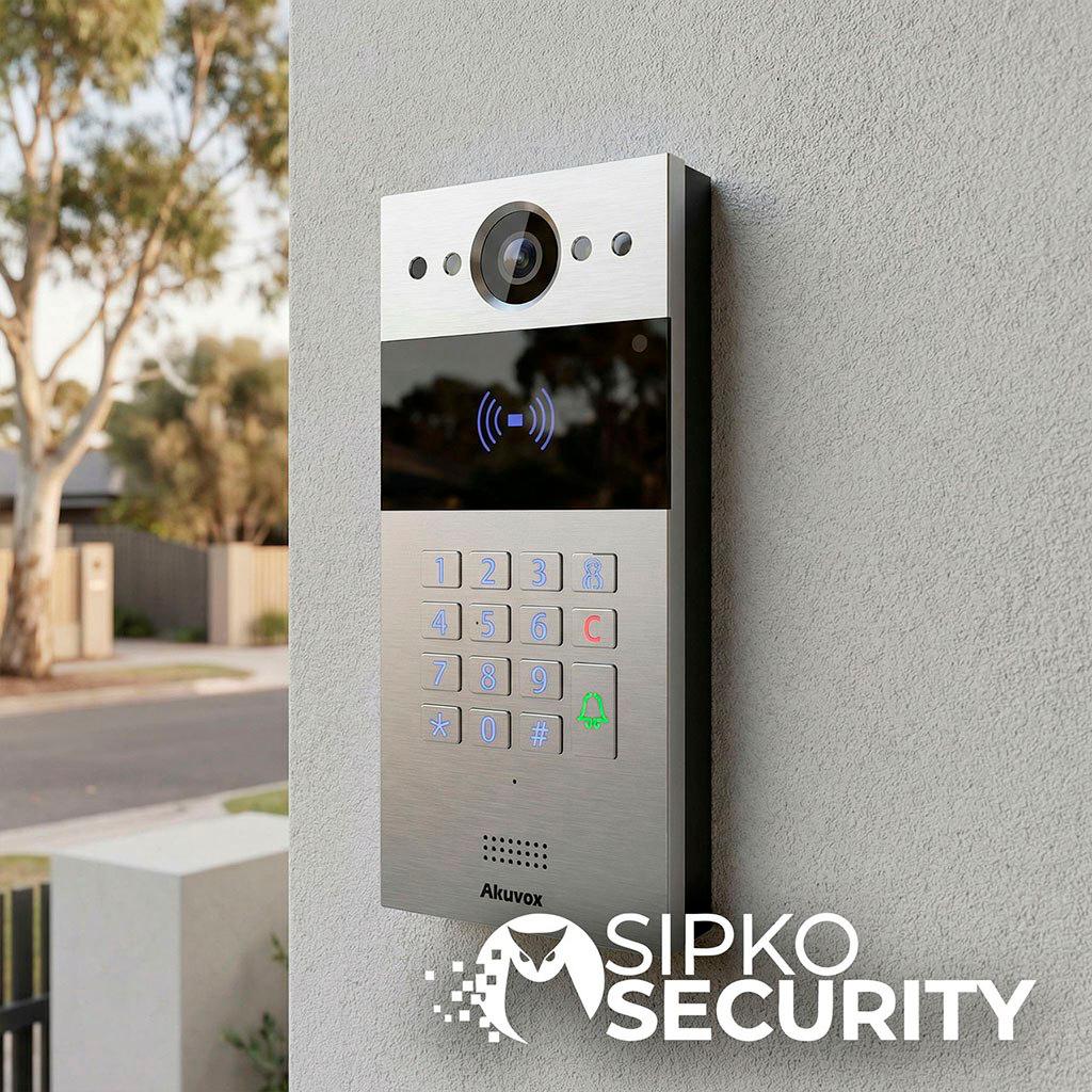 Akuvox video intercom entry panel with camera, keypad, and RFID reader mounted on exterior wall