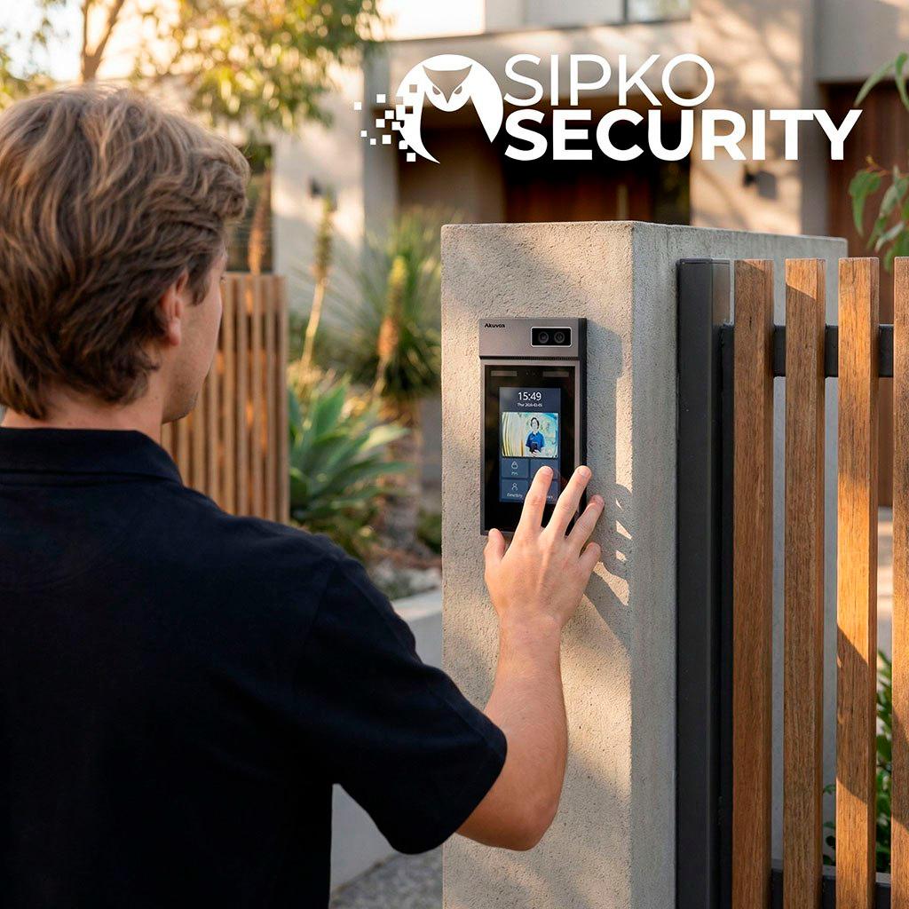 Man using biometric facial recognition access control panel at residential gate entrance with Sipko Security branding