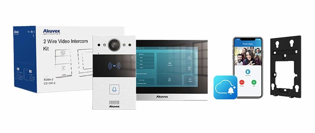 Akuvox 2 Wire Video Intercom Kit components including outdoor camera, indoor station, display monitor, mobile app, and mounting bracket