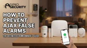 Sipko Security promotional image displaying Ajax alarm system components including motion sensor, door/window sensor, hub, keypad, and wireless button, with smartphone showing system armed status, in modern living room setting with city skyline view, titled How to Prevent Ajax False Alarms - The Definitive Homeowner's Guide.
