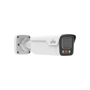 UNV white bullet security camera with integrated red and blue LED lights, wide-angle lens, and wall-mount bracket on black background.