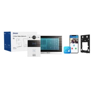 Akuvox 2 Wire Video Intercom Kit components including packaging, door station, indoor monitor, mobile app interface, and wall-mounted bracket for 2-wire system installation