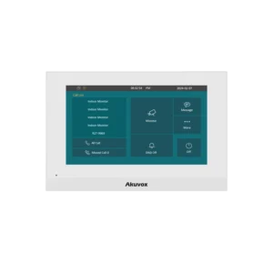 Akuvox indoor intercom monitor with white bezel displaying teal interface showing Call List with four Indoor Monitor entries, reference number RZ7-9969, call history, and control buttons for Monitor, Message, More, DND Off, and Off.