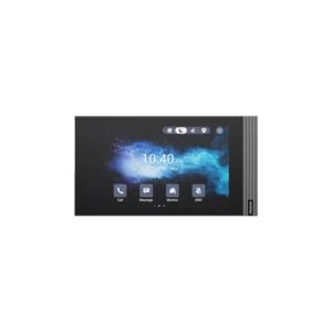 Akuvox widescreen indoor intercom monitor with gray ribbed frame displaying lock screen showing time 10:40 AM, date 2023.06.13 - Wed, status icons at top, and four control buttons for Call, Message, Monitor, and DND with blue particle background.