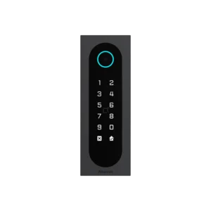 Akuvox standalone access control panel with biometric fingerprint sensor, numeric keypad 0-9, and function buttons for secure entry authentication