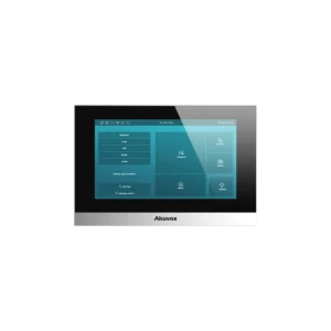 Akuvox indoor monitor displaying contact directory with resident names, call history, and integrated smart home control features for intercom and home automation
