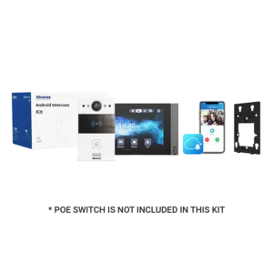 Akuvox Android Intercom Kit components including packaging, door station, indoor monitor, mobile app interface, and wall-mounted bracket with note that POE switch not included