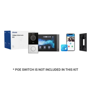 Akuvox Video Intercom Kit components including packaging, outdoor camera, indoor monitor, smartphone app, cloud service icon, and wall bracket on black background