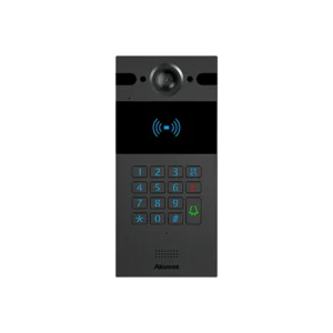 Akuvox outdoor video doorbell with camera at top, blue wireless signal icon in center display, numeric keypad with numbers 1-9, asterisk, 0, and hash symbol, call button in red, and doorbell button in green at bottom.