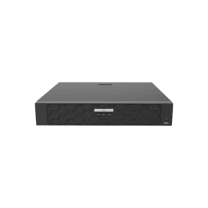 UNV dark gray network video recorder with hexagonal ventilation pattern, front display panel, and status indicator lights on black background.