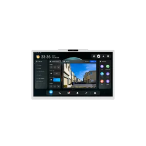 Smart home control panel displaying live video feed of residential street, time, temperature, lighting controls, and multiple function icons