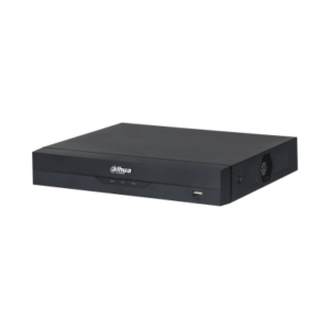 Dahua network video recorder with black chassis, front panel indicators, and ventilation grille on black background