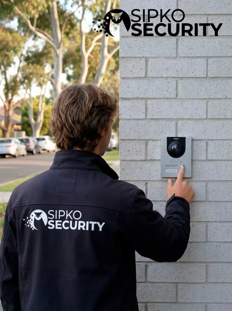 SIPKO Security technician testing a Dahua video intercom door station