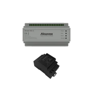 Akuvox NS-2 network switch with DIN rail mounting and power supply unit showing terminal connectors, status lights, and technical specifications for intercom system installation