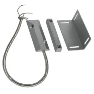 Security system door and window sensor components including magnetic contact switch with flexible cable connector and mounting brackets in gray metal finish.