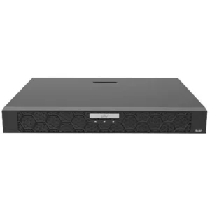 Front view of a black Uniview (UNV) rackmount Network Video Recorder (NVR), featuring a honeycomb pattern mesh front panel, a central UNV logo badge, status indicator lights, and a USB port.