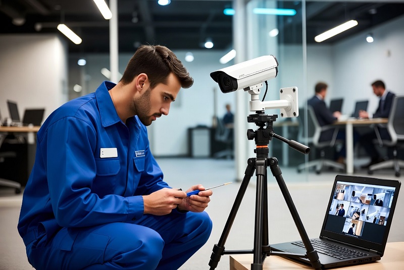 iVMS-4200 setup on a laptop: live multi-camera view during a Hikvision install