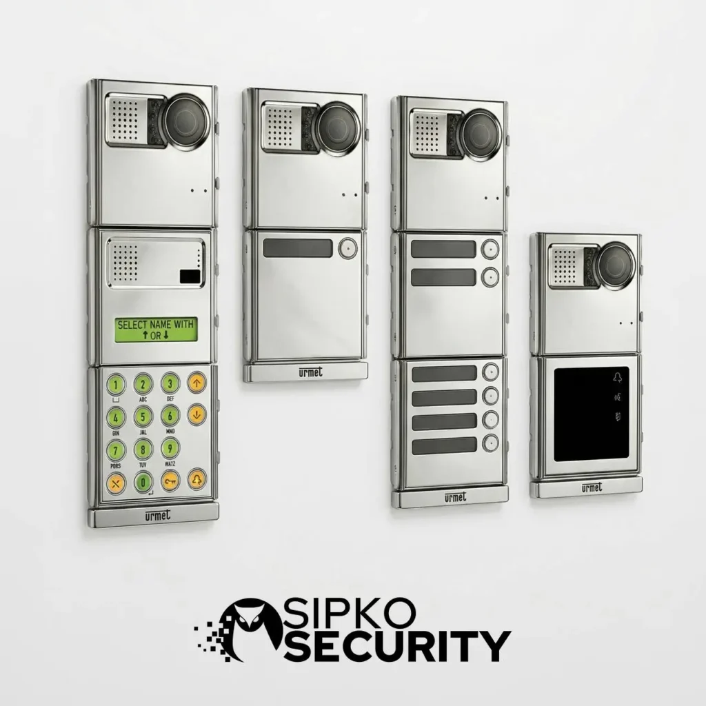 Four Urmet modular stainless steel intercom entry panels with keypad, call button and card reader modules