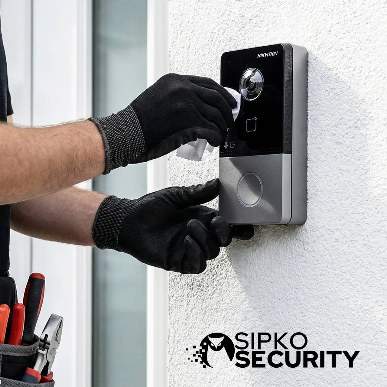 Fully equipped certified technician performing on-site physical repair of a Hikvision intercom entry station