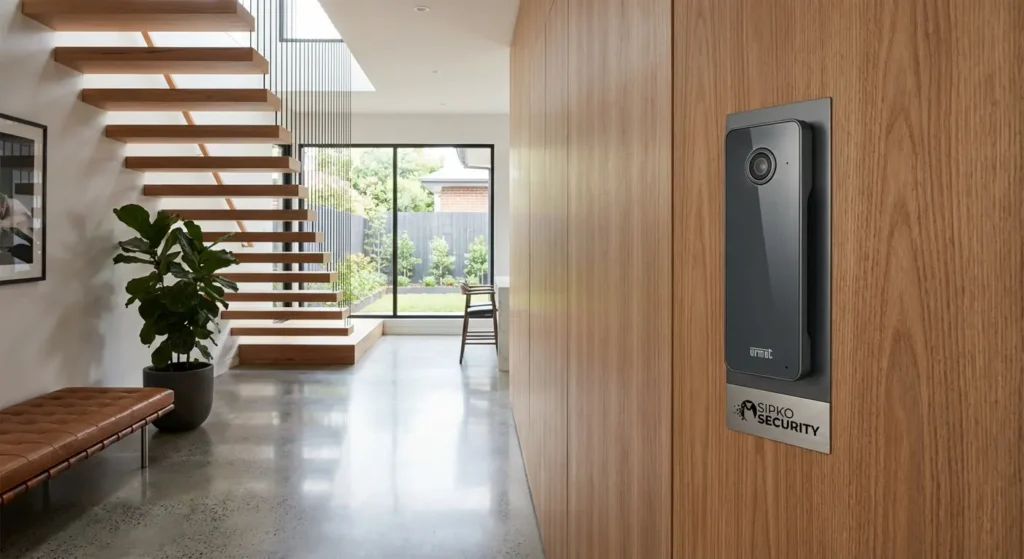 Urmet flush-mount video door station with wide-angle camera on a timber door at the entrance of a modern Melbourne home