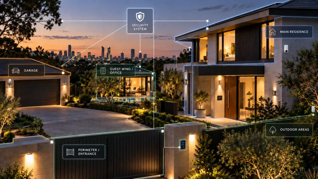 Alarm system design across multiple security zones in a large luxury home