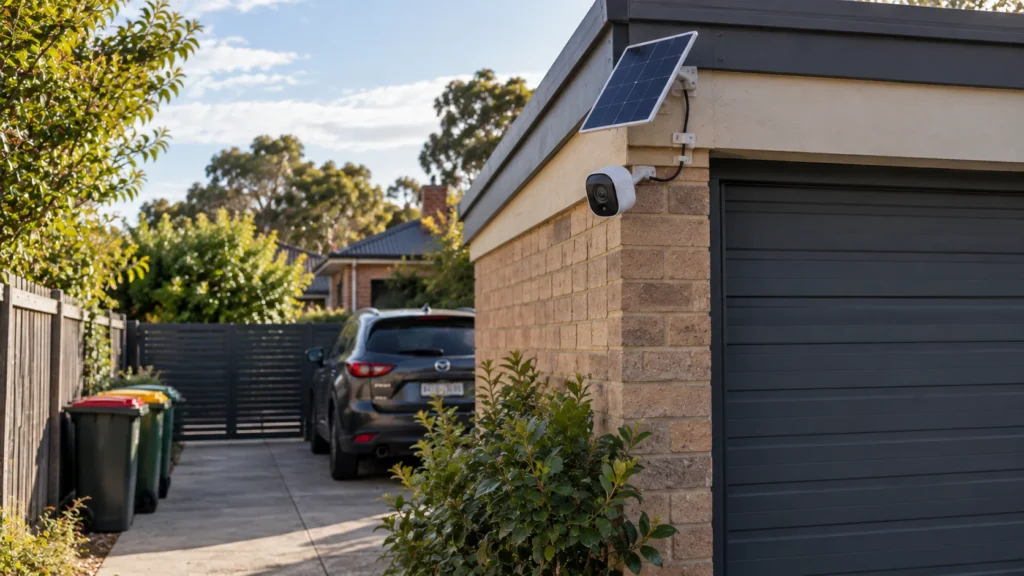 Solar security camera with separate solar panel installed on a Melbourne garage