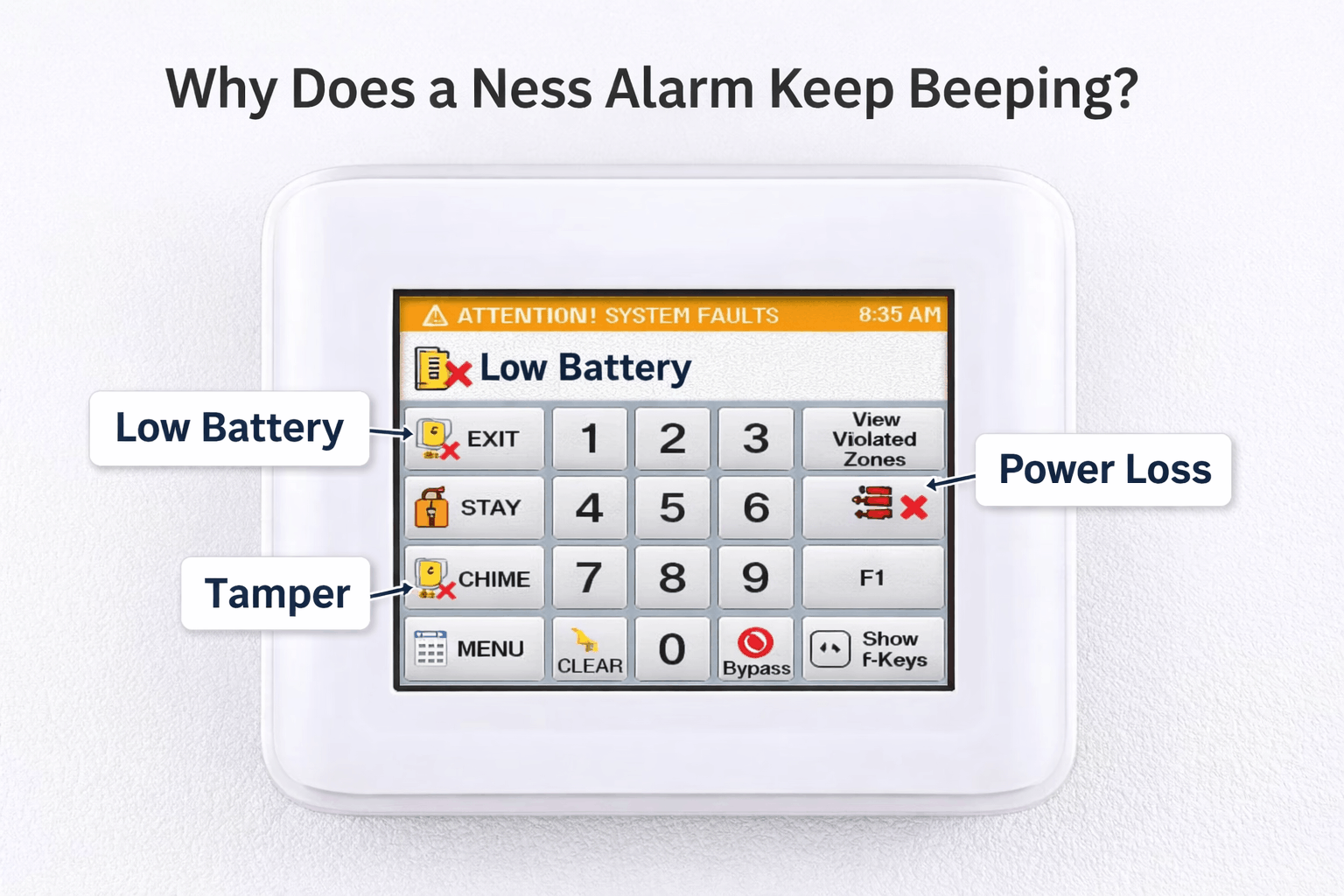 why a Ness alarm keeps beeping for no reason and how to fix it