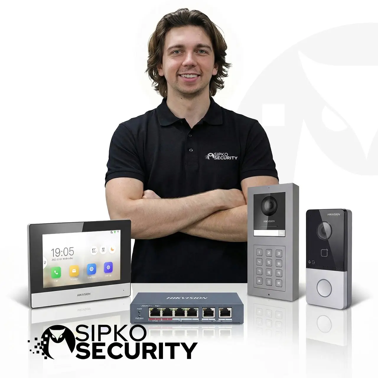 Security technician performing component-level diagnostics on a Hikvision IP intercom system