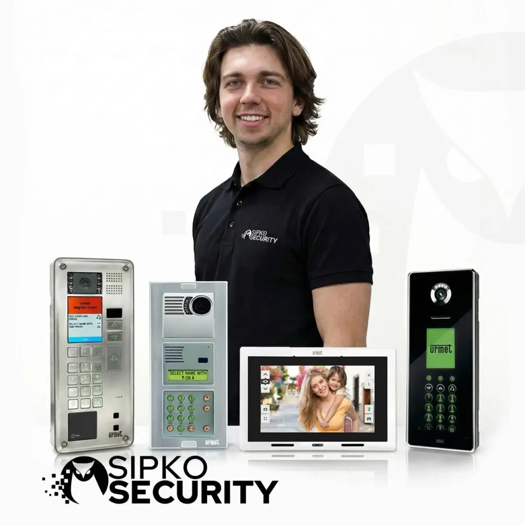 Smiling SIPKO Security technician standing behind four Urmet video intercom products including outdoor panels and an indoor monitor