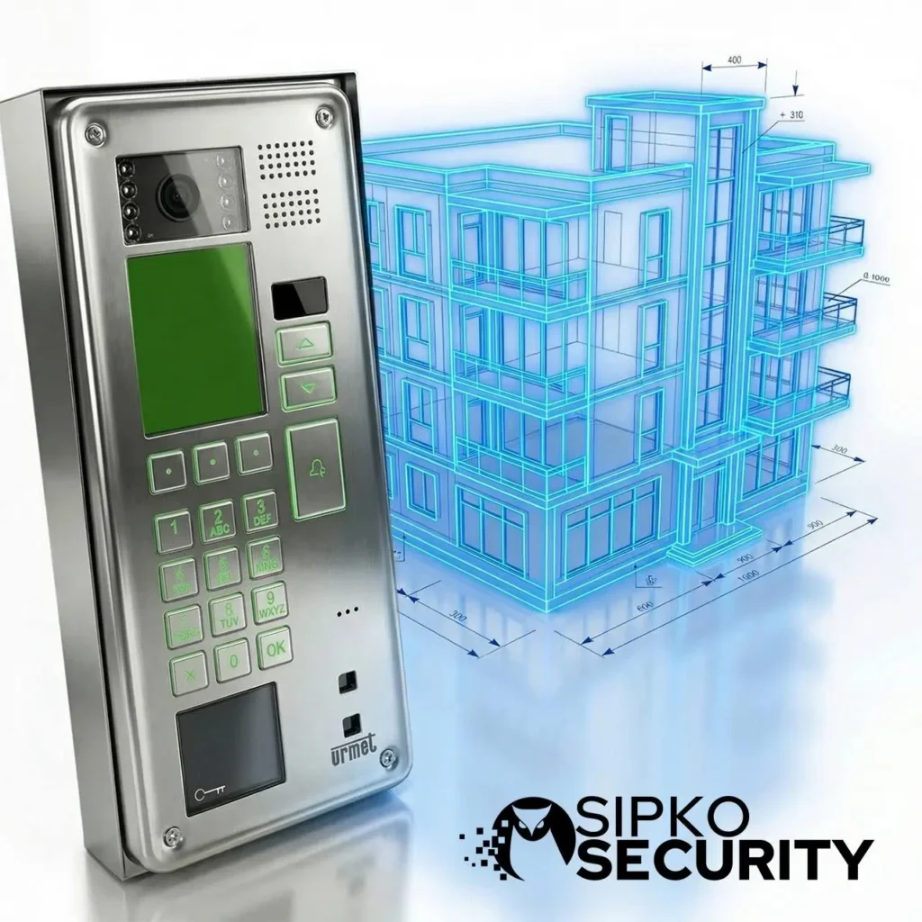 Urmet stainless steel multi-tenant video intercom panel with backlit keypad, camera and card reader