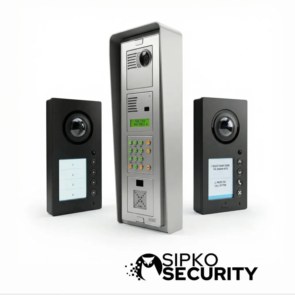 Urmet video intercom entry panels including a tall stainless steel multi-tenant panel with keypad and fingerprint reader, used in apartment buildings