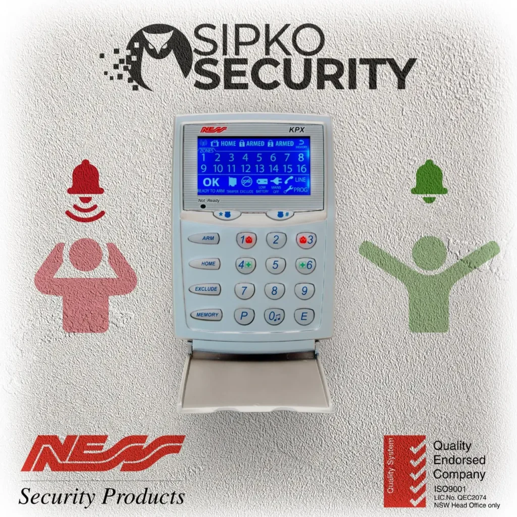 Ness security alarm keypad showing fault indicator and emitting beeping sound