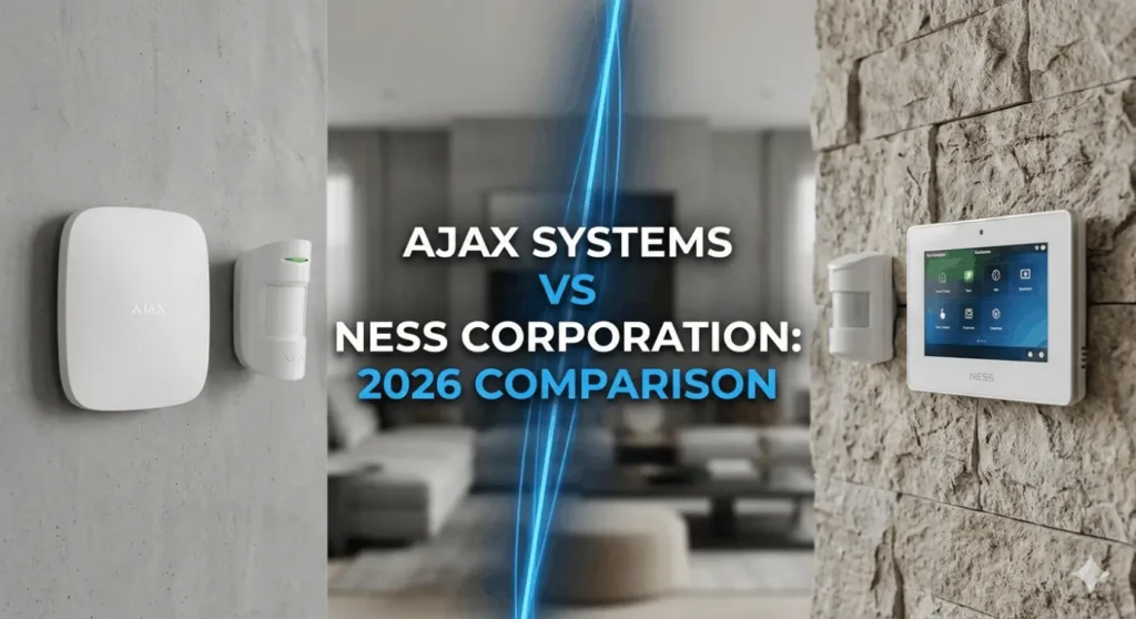 Side-by-side comparison banner of Ajax Systems versus Ness Corporation alarm systems for 2026, showing a white Ajax hub and motion detector on the left against a Ness touchscreen keypad and PIR sensor mounted on a stone wall on the right