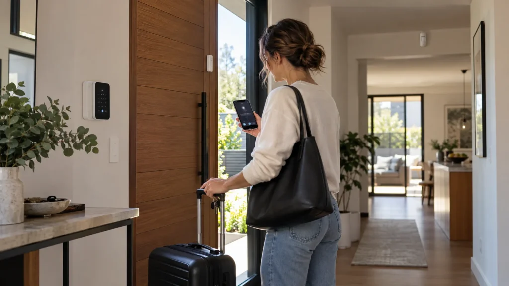 Homeowner checking the security system before leaving home for a holiday - SIPKO Security Homeowner checking the security system before leaving home for a holiday