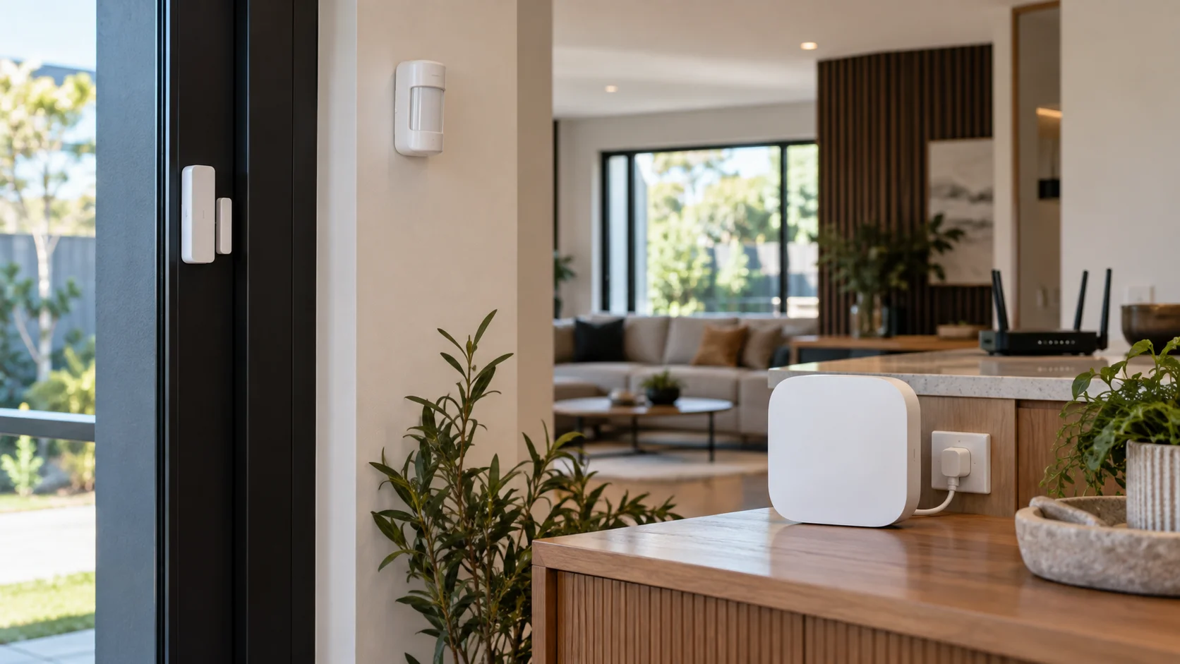 Wireless home alarm showing sensors powered hub and network connection - SIPKO Security Living room with a Wi-Fi router in the background and a security hub plugged in on the bench