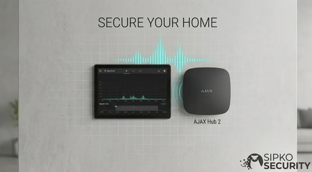 Ajax Hub 2 smart security hub next to a tablet displaying RF spectrum analysis, with glowing sound wave graphics