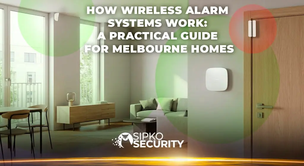 Diagram showing how a wireless home alarm system works with sensors, control panel, and mobile alerts